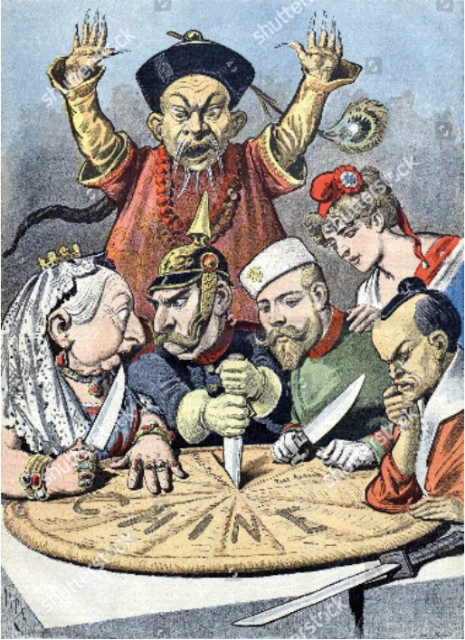 1898 French political cartoon shows Europeans carving up China. Behind them an agitated Mandarin is helpless to stop them. L-R: Queen Victoria, Kaiser Wilhelm II, Czar Nicolas II, and a Japanese samurai carve the Chinese Cake as French national symbol, Marianne watches